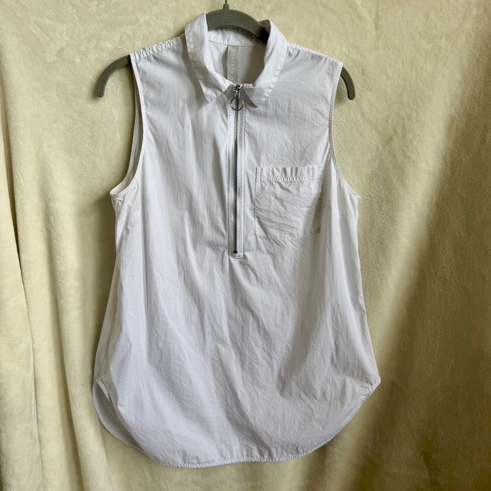 Athleta White Sleeveless Half Zip Collared Top Size M Chest Pocket Golf Tennis